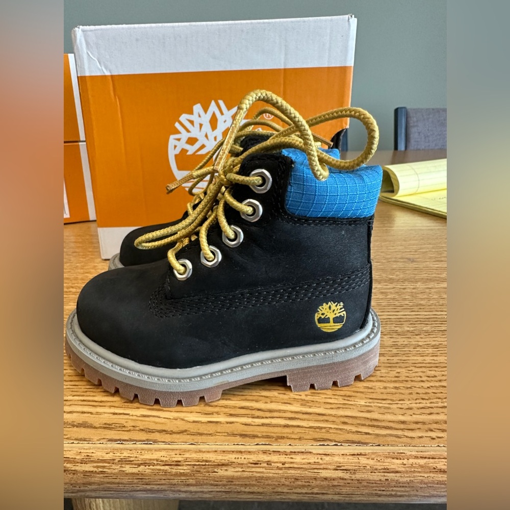 Timberland Kids Black Boots with Blue Highlights